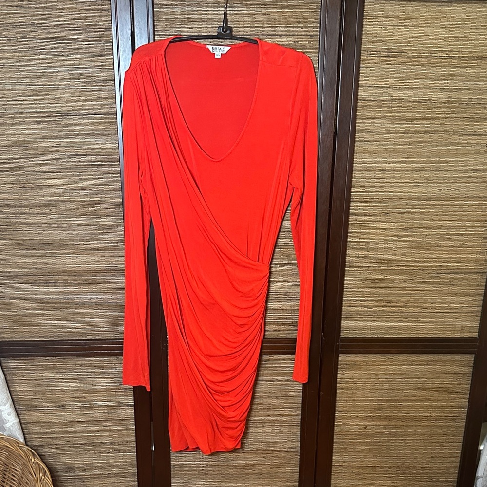 Buffalo David Bitton Vibrant Red Draped Long Sleeve Dress